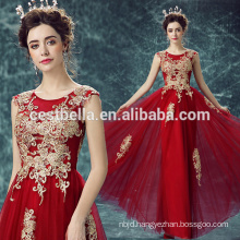Fashionable Red Long Chiffon Evening Prom Party Dress Embroidered Golden Flower